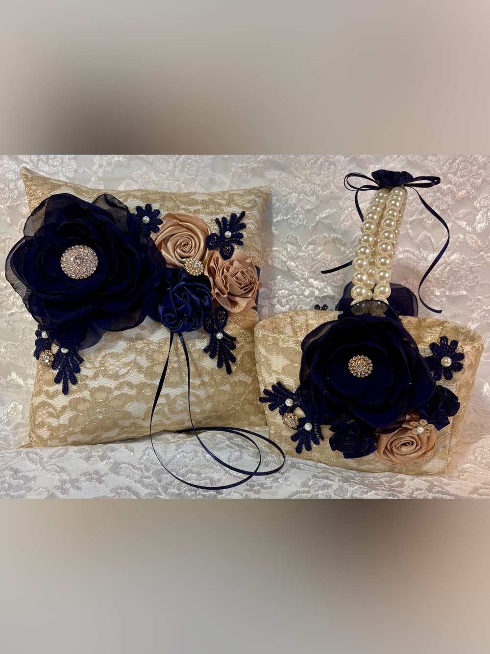💍 Navy Blue, Champagne and Ivory Ring Pillow and Flower Basket Set